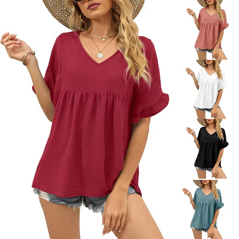 Summer Casual Ruffled Pleated T-shirt Loose Top