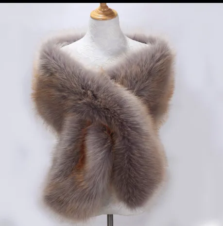 Lengthened Faux Fox Fur Bridal Evening Dress - Silver Gold Tip