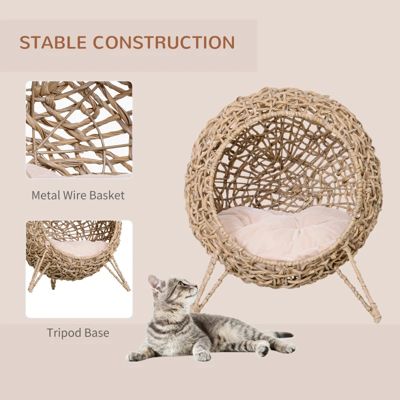 Weaved Cat Bed, Elevated Hand-woven Braided Banana Leaf Kitten House Condo With Cushion, Beige