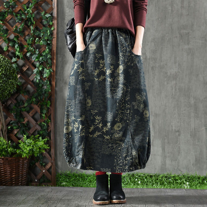 All-match Mid-length High-end A-line Elastic Waist Thickened Cotton Denim Skirt