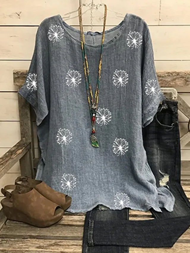 Round Neck Printed Loose Washed Cotton Solid Floral Short Sleeves Grey - Shop at LoveMi