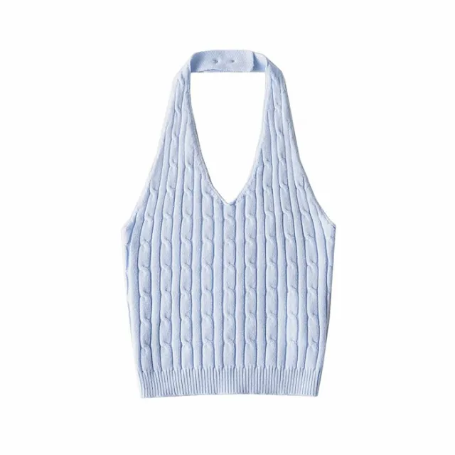 Women's Niche Design V neck Twist Button Halterneck Vest Blue - Shop at LoveMi