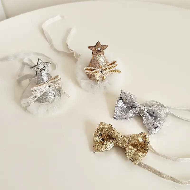 Pet Cat Birthday Gold And Silver Sequins Star Hat Bow