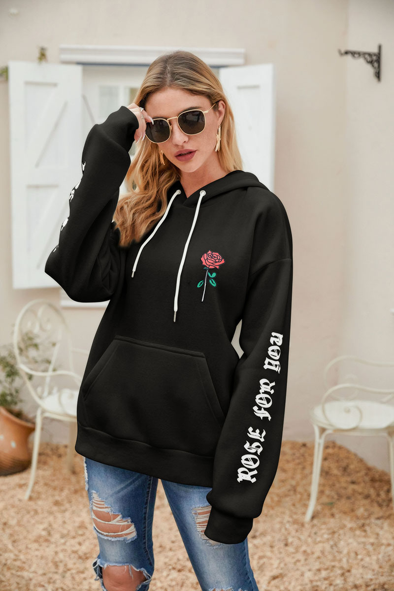 Title 2, Casual Hooded Hoodie With Rose Print Pullover