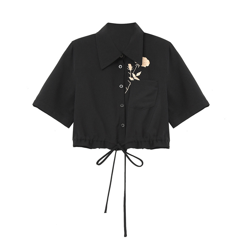 Vintage Rose Embroidery Black Shirt Female Design Sense Niche Shirt