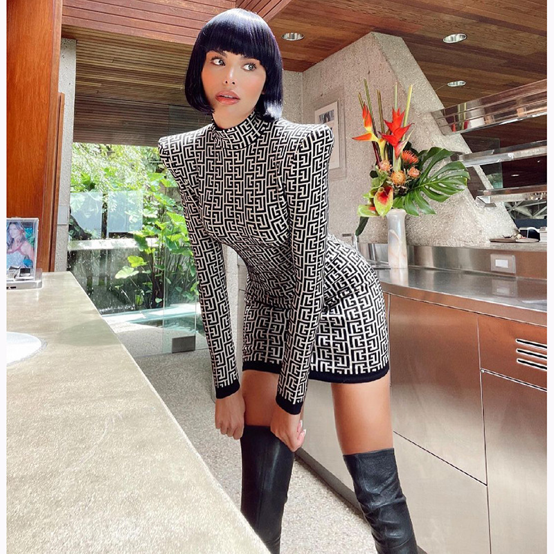 Black Brown Long Sleeve Bandage Skinny Sheath Dress
