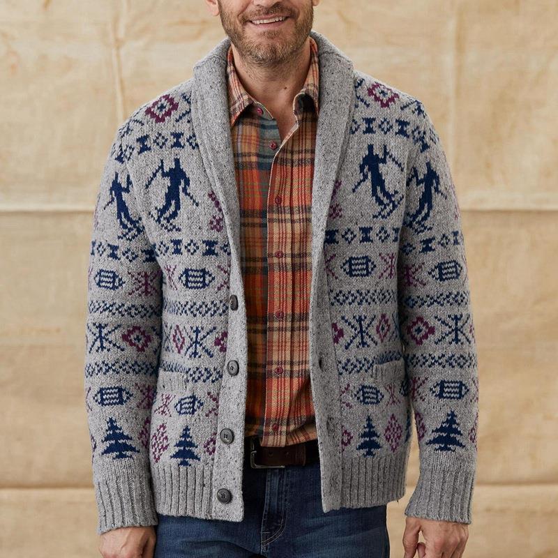 Men's Lapel Long Sleeve Jacquard Casual Sweater Coat