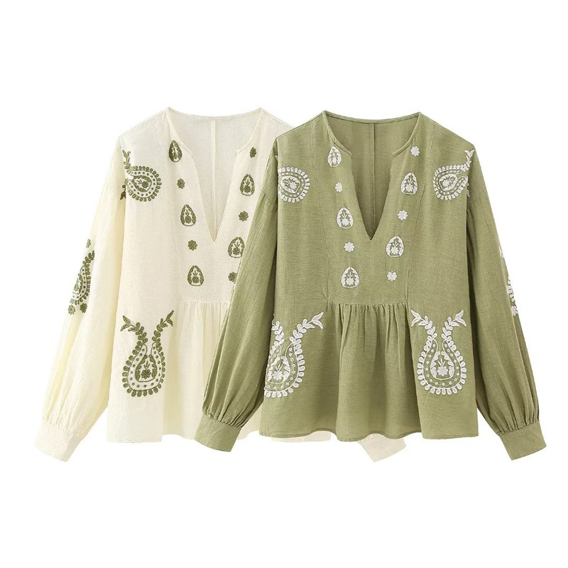 Loose V-neck Embroidery Cotton Shirt Women's Ethnic Style Long Sleeve Top — image 1
