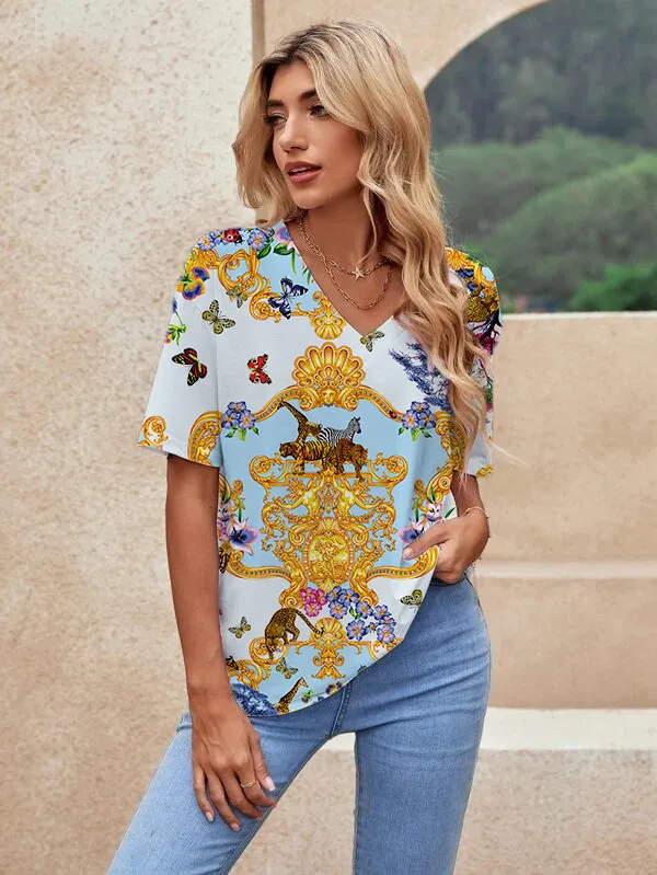 Printed Short Sleeve Urban Loose Casual Women's V Neck T Shirt 197Color - Shop at LoveMi