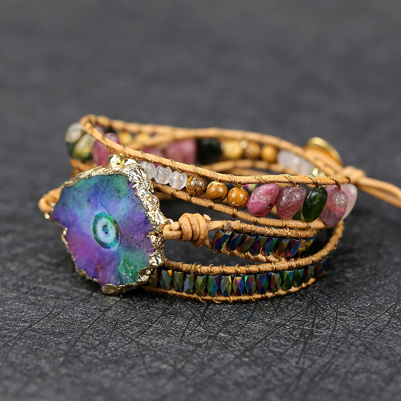 Natural Crystal Cluster Hand-woven Retro Leather Bracelet Multilayer Couple