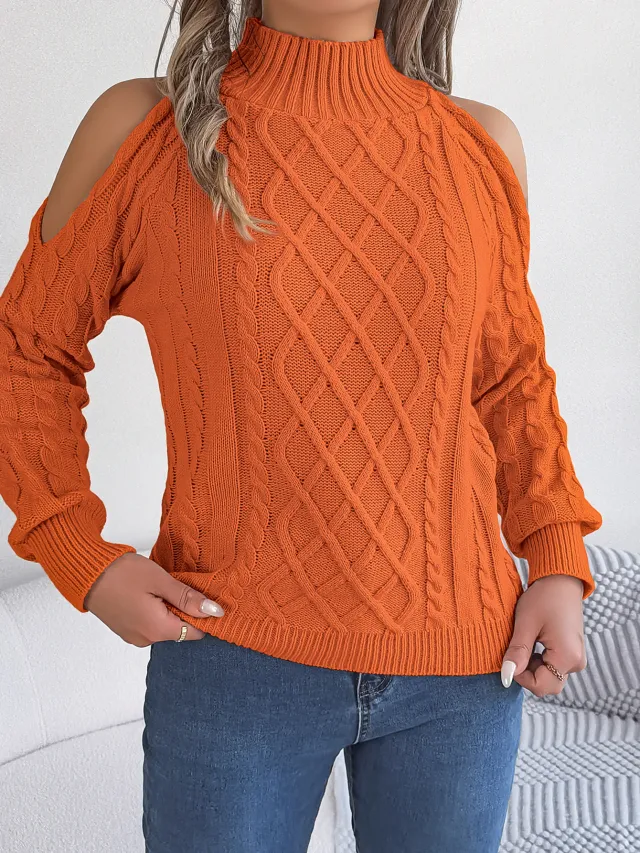 Casual Cable Knit Off Shoulder Half Turtleneck Long Sleeve Pullover Sweater Orange - Shop at LoveMi
