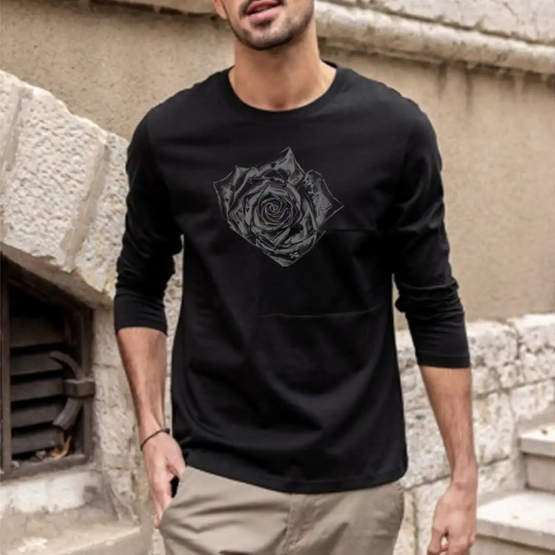 Round Neck Pullover Cotton Rose Print T-shirt