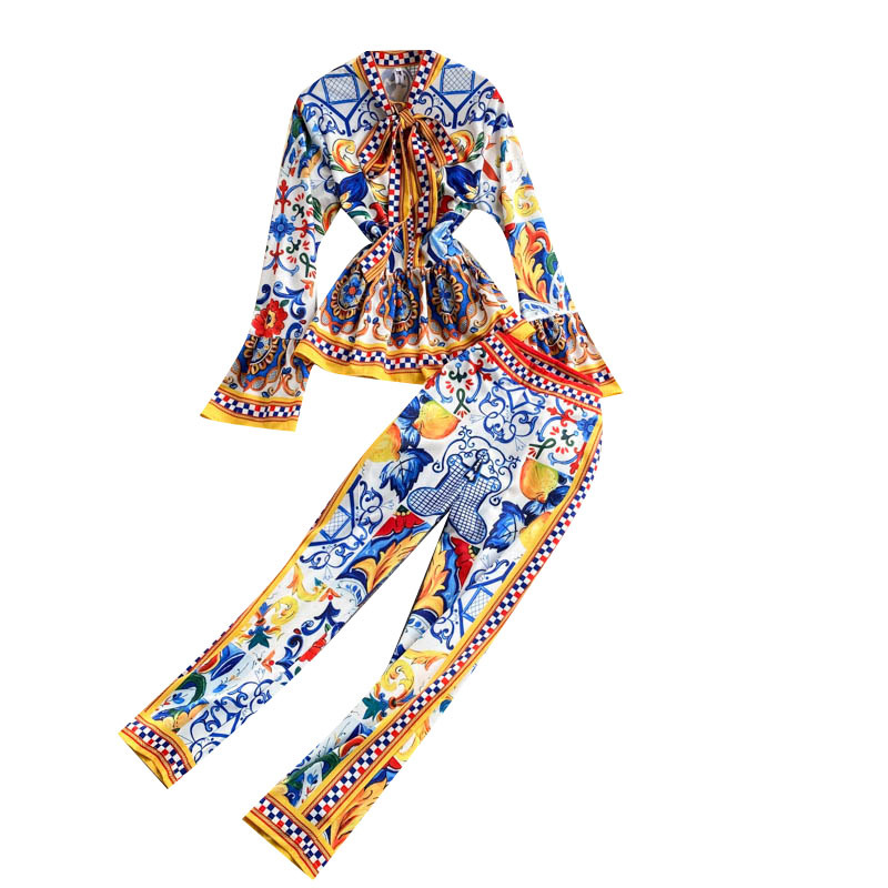 Ladies Shirt Retro Print High Waist Wide Leg Pants Fashionable Two-piece Trend