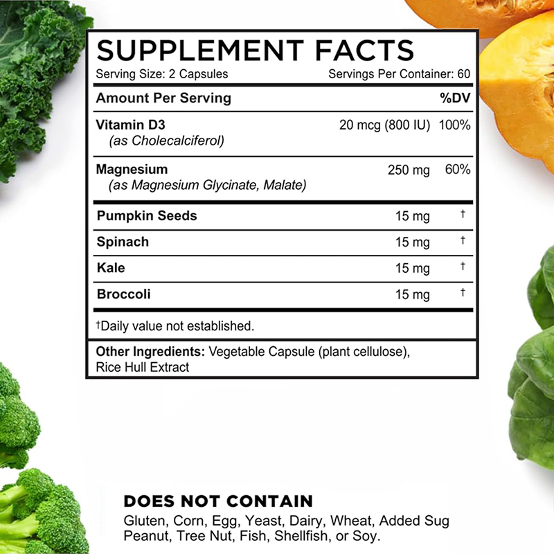 Magnesium Complex with Vitamin D, 120 Capsules. MAX ABSORPTION MAGNESIUM & VITAMIN D3: Our magnesium pills combine 250mg of magnesium Glycinate & Malate, 800 IU of Vitamin D3, and magnesium-rich veggies like spinach in easy-to-swallow capsules. Magnesium 