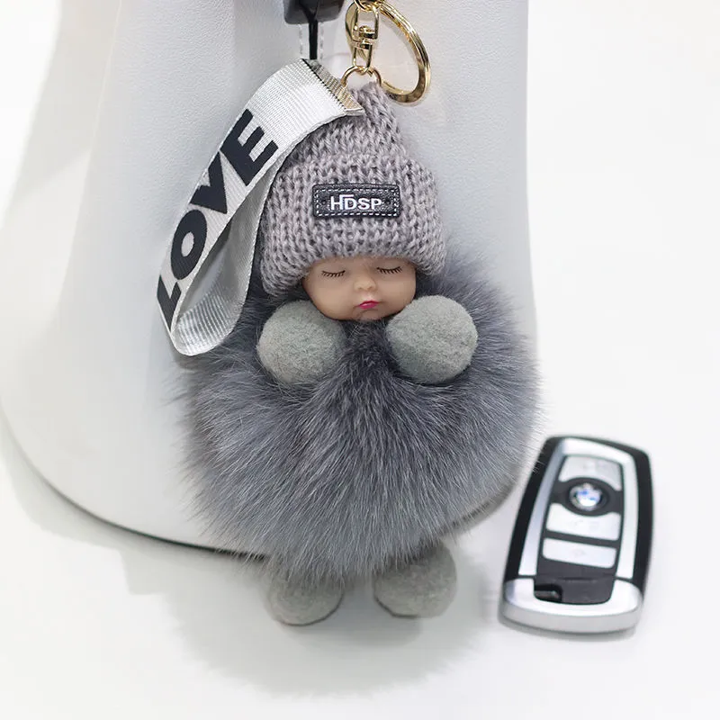 Real Fox Fur Ball Pendant Sleeping Doll - Grey
