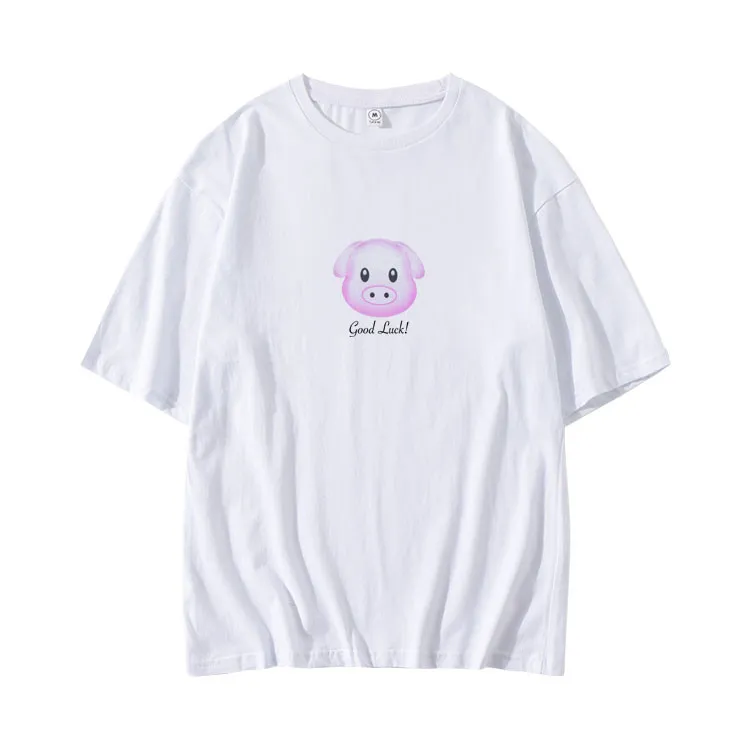 Ladies Short Sleeve Loose Cotton Printed Top - White