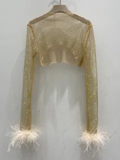 Flash Diamond Hollowed-out Feather Long-sleeved Fishing Net Top - Gold - View 1
