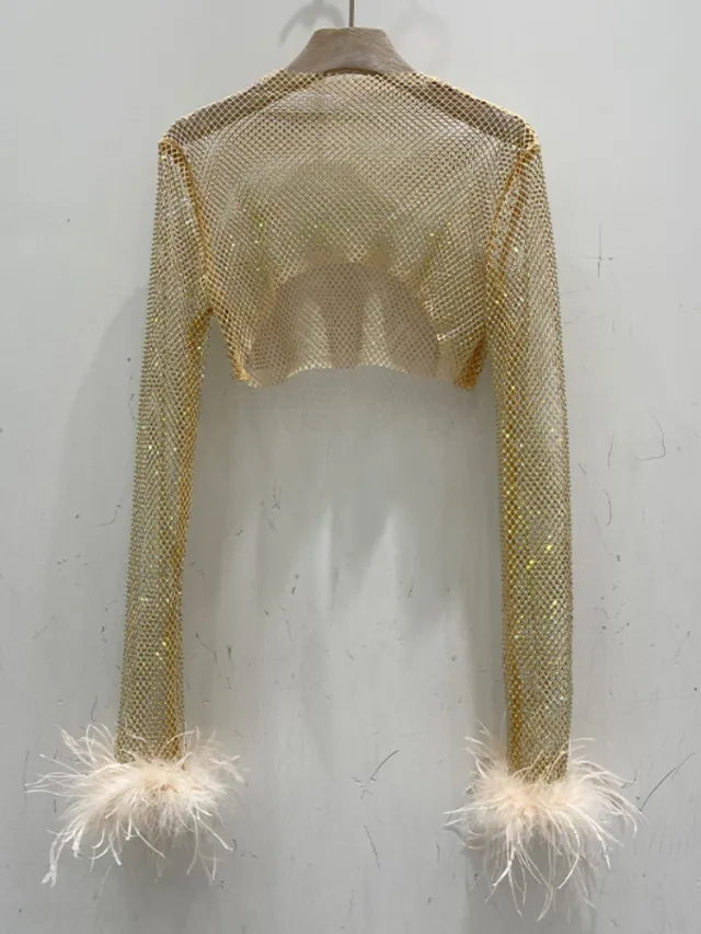 Flash Diamond Hollowed out Feather Long sleeved Fishing Net Top Gold - Shop at LoveMi