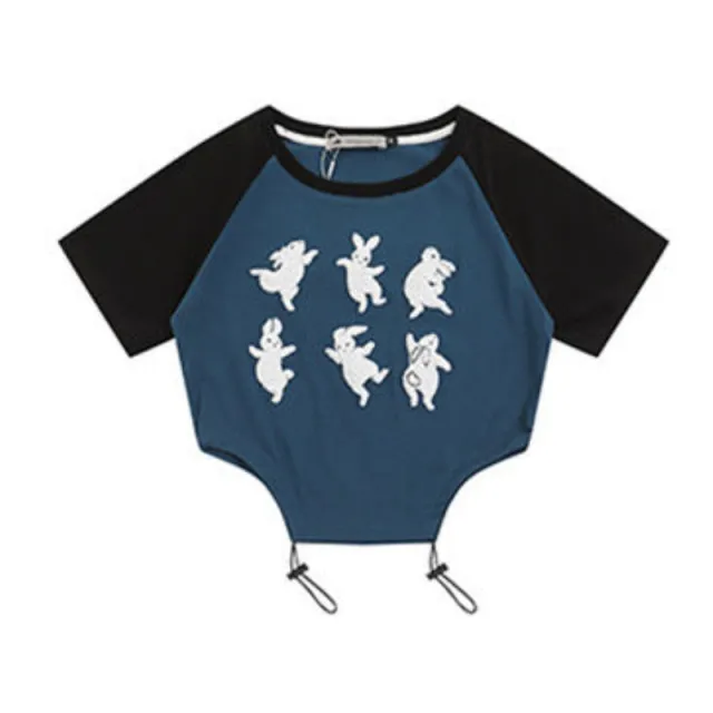 Bottom Drawstring Spicy Girl Short Sleeved Top Dark Blue - Shop at LoveMi