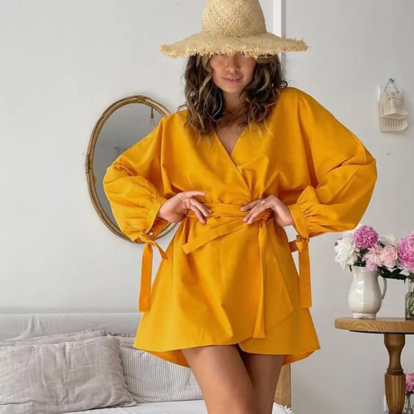 Mid-length Skirt V-neck Bat Sleeve Bow-knot Waist Dress