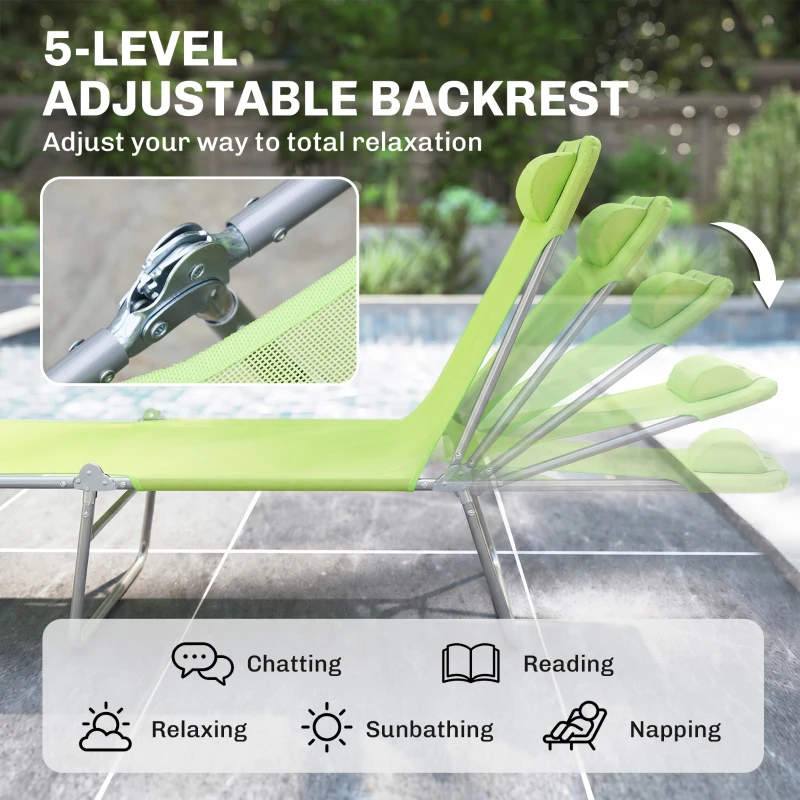 Folding Chaise Lounge Pool Chairs, Outdoor Sun Tanning Chairs With Pillow, Reclining Back, Steel Frame & Breathable Mesh For Beach, Yard, Patio, Green — foto 4