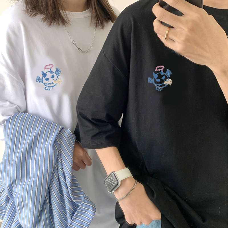 New Hong Kong Style Loose Little Devil Angel Couple Short Sleeves