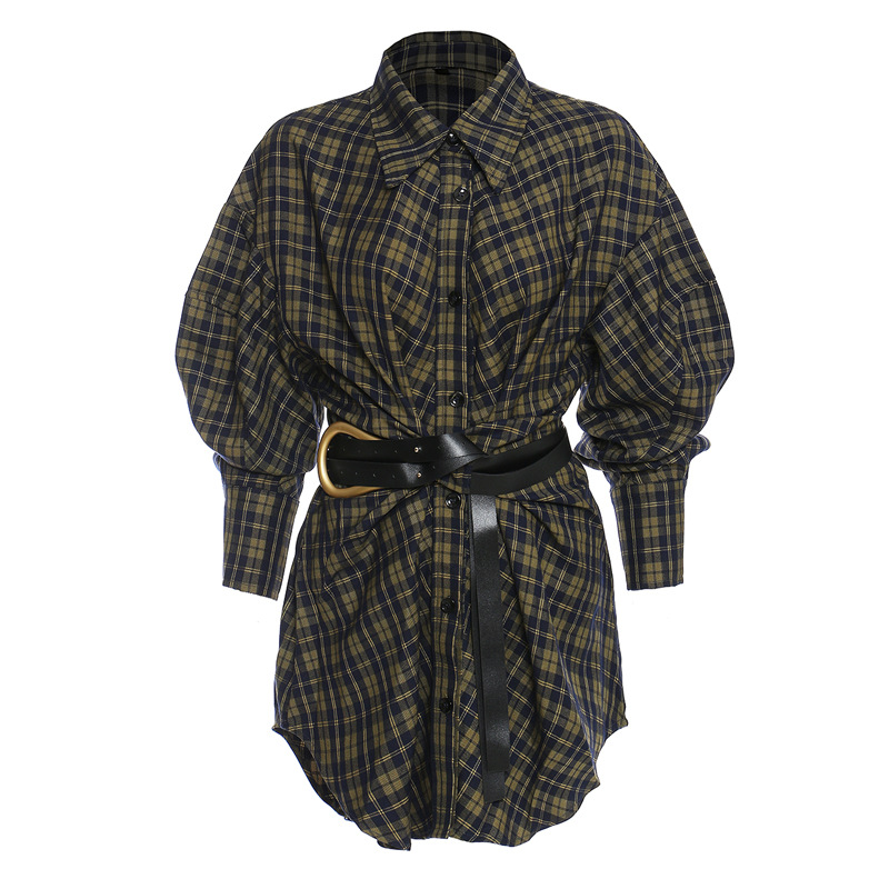 Fashion Plaid Shirt Loose Retro With Belt Mid-length Shirt Skirt Top