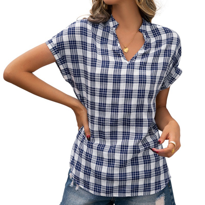 Casual Check V-neck Short Sleeve Shirt Dovetail