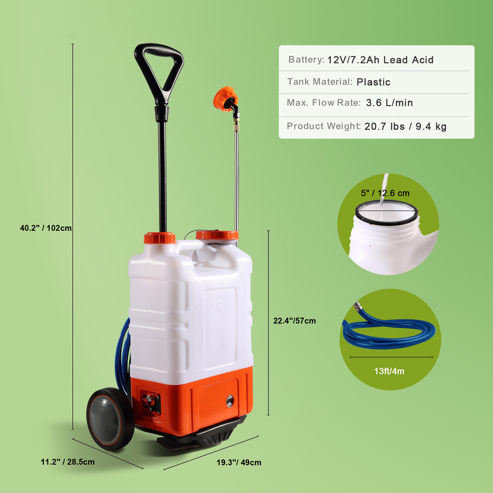 VEVOR Battery Powered Backpack Sprayer With Cart, 0-94 PSI Adjustable Pressure, 4 Gallon Tank On Wheels, With 8 Nozzles And 2 Wands, 12V 7.2Ah Battery, Wide Mouth Lid For Weeding, Spraying, Cleaning image 2