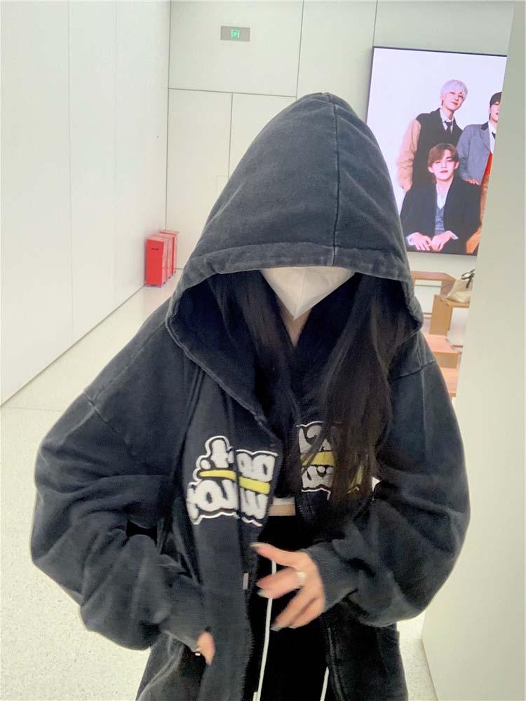 Women's American-style Retro Washed Distressed Letters Printed Hoodie Long-sleeved Coat