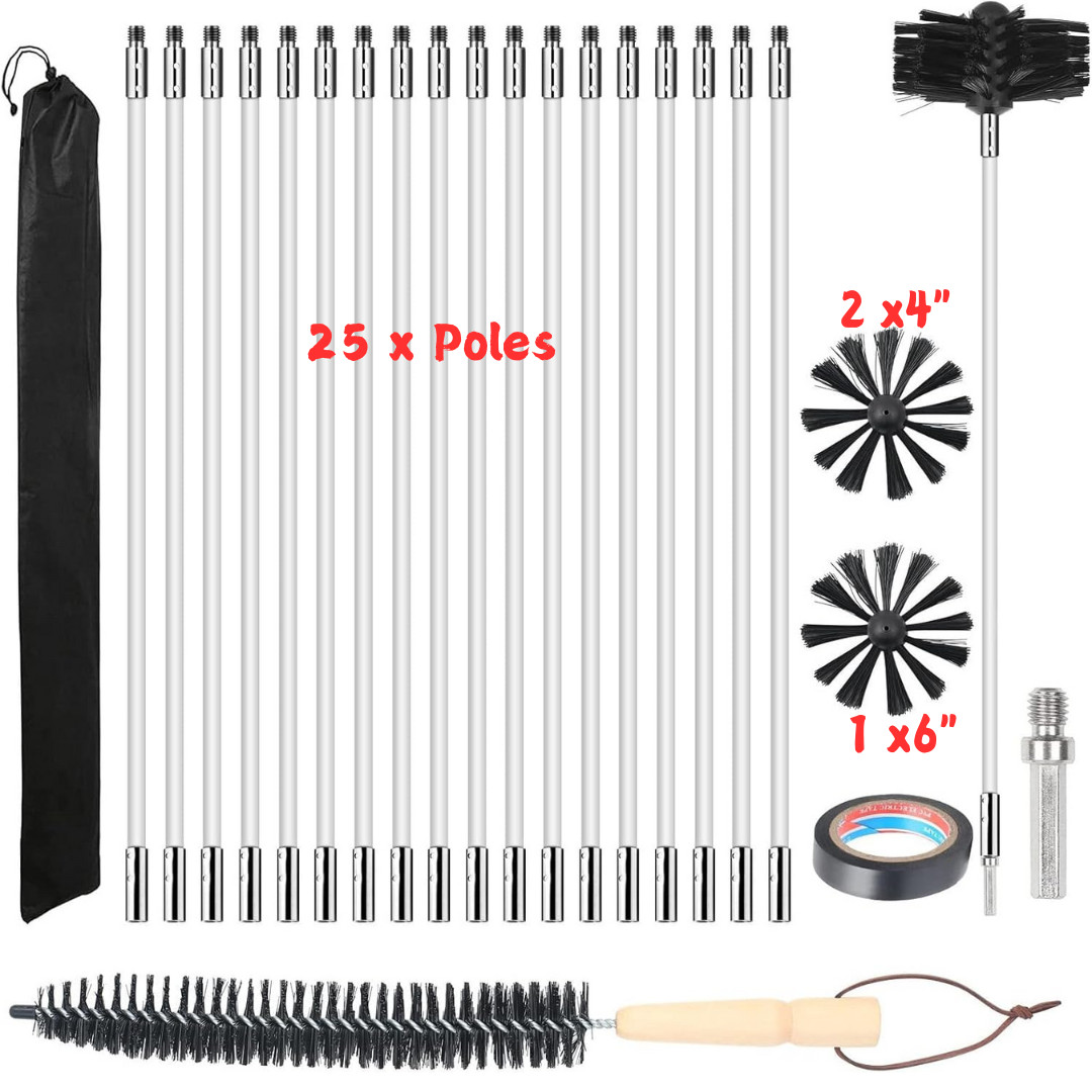 32x Flexible Chimney Sweep Set Flue Sweeping Brush & Rod Kit Soot Cleaning Rods