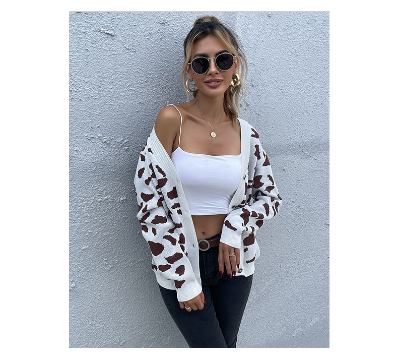 New Leopard Print V-neck Knit Sweater Coat For Women