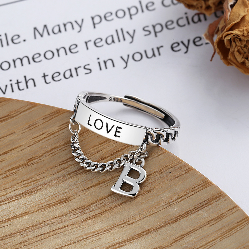 Sterling Silver Trendy English Letter B Chain Tassel Ring