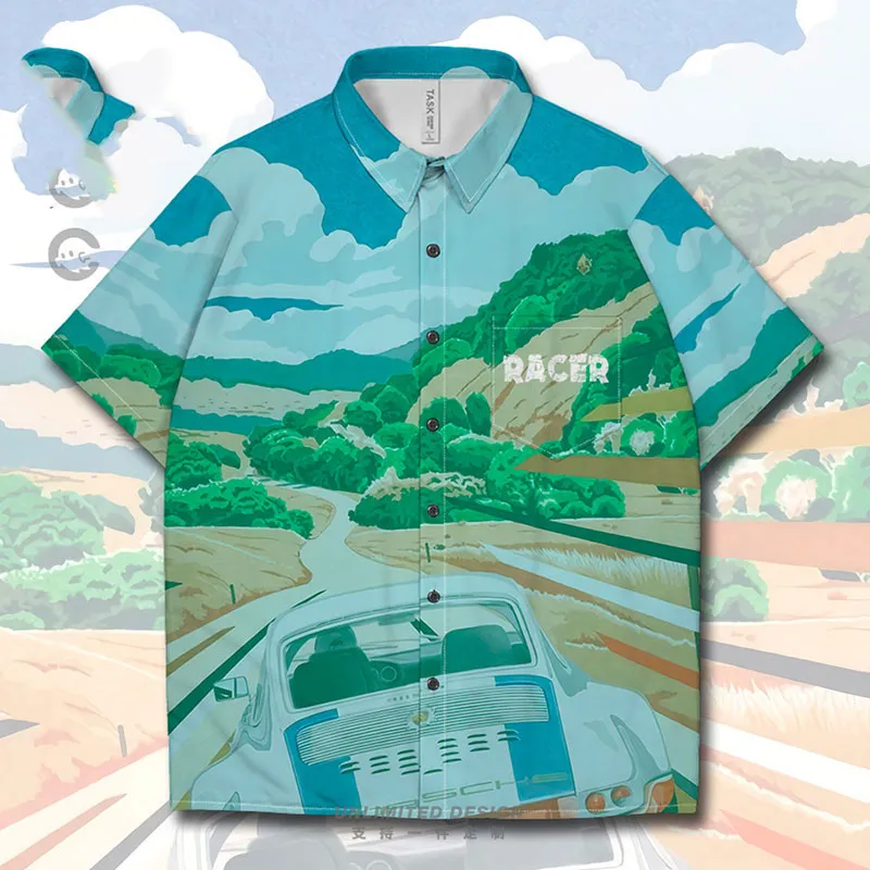 Set Unbounded Cartoon Wild Car Driving Wheat Field Oil Painting Short Sleeve - 3 Style