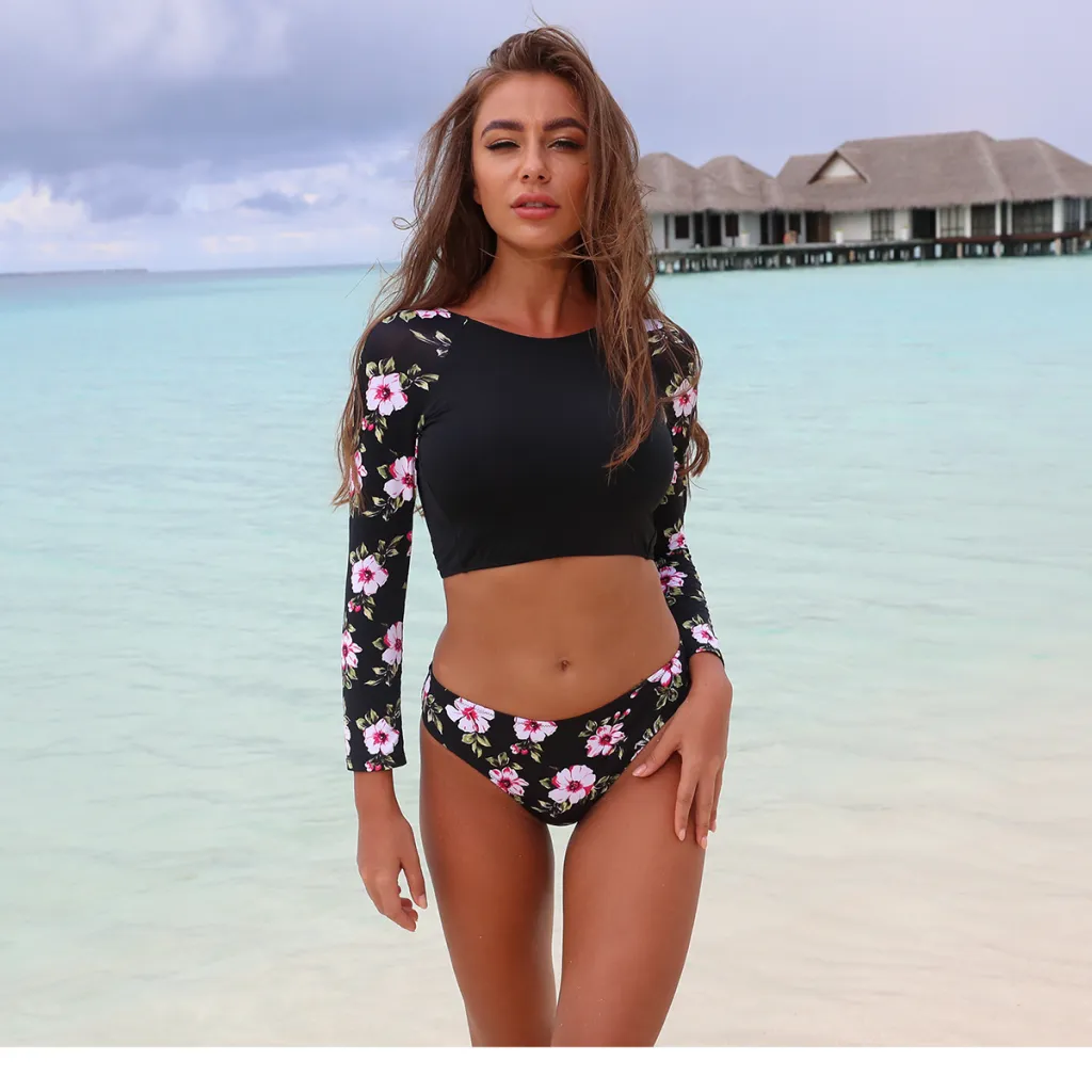 Backless Long Sleeve Bikini Swimsuit Women Sunscreen Swimwear - Black