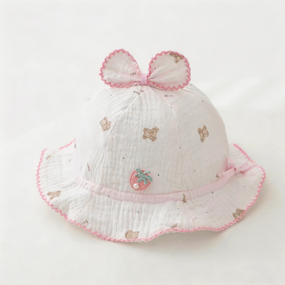 Summer Baby Bear Print Bow Hat With Frilled Brim And Strawberry Embroidery, A Comfortable And Cute Children's Style Boater Hat. 6