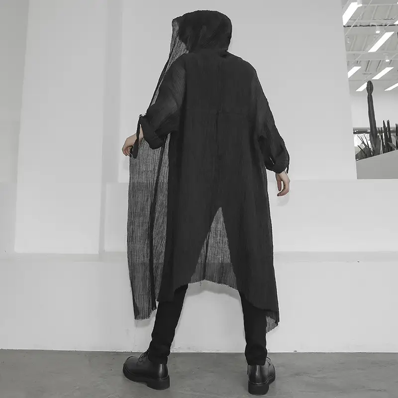 Long Hooded Crumpled Linen Shirt For Men And Women