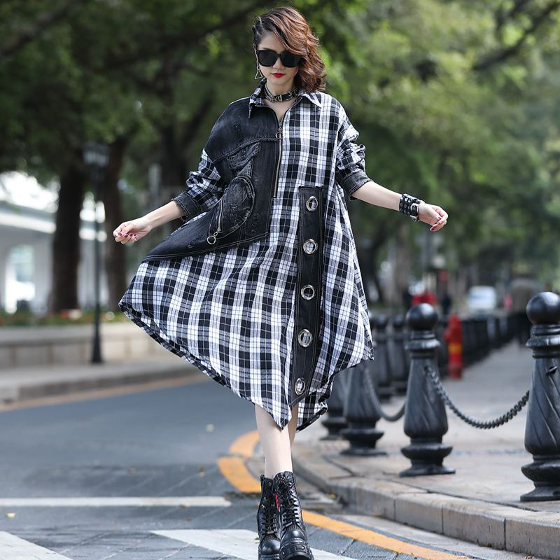 Title 4, Loose Casual Denim Paneled Contrast Plaid Midi ...