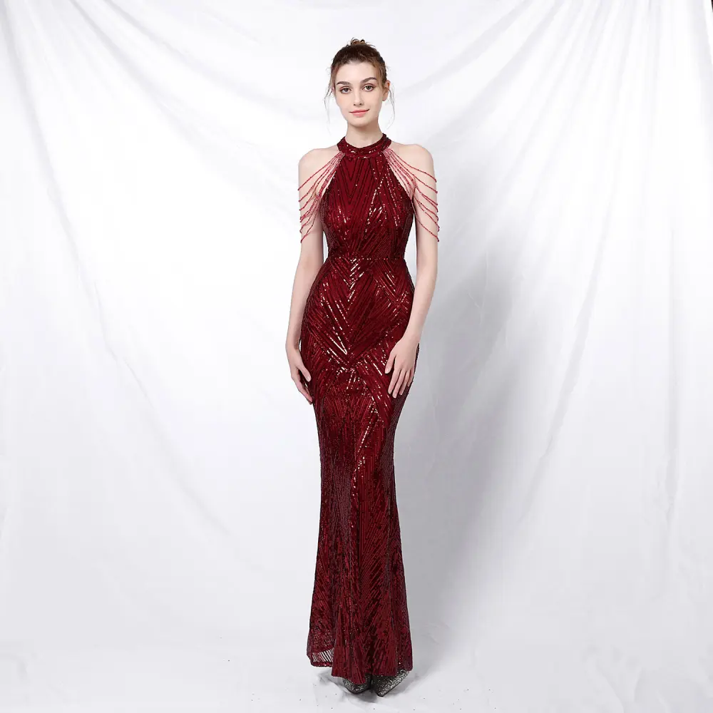 Backless Evening Dress Women Party Long Wear Sequin Fabric