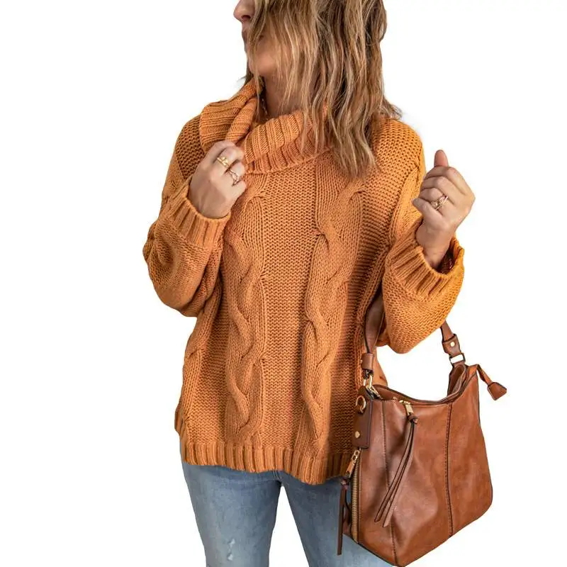 Autumn Winter Solid Color Long Sleeve Knitted High Neck Cotton Top For Women - Yellow