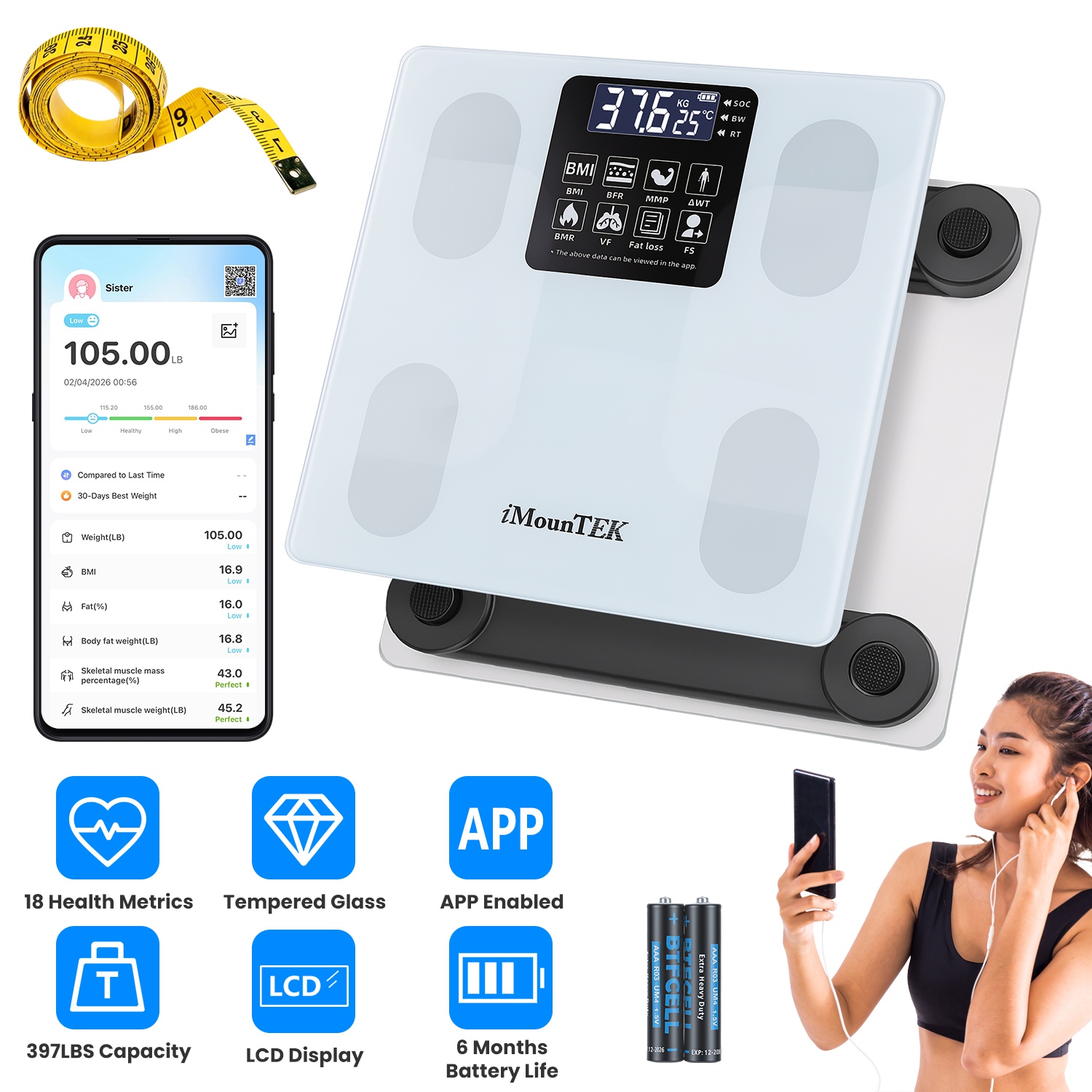 Smart Digital Scale For Body Weight High Accuracy BMI Weight Scale Full Body Composition Analysis Sync With APP 4mm Tempered Glass 397LBS Capacity LCD