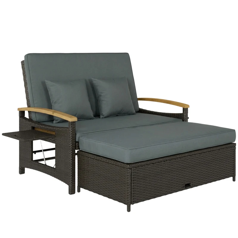 Rattan Outdoor Daybed W4-Level Adjustable Backrest, Patio Sofa Bed WStorage Ottoman, Acacia Wood Armrest, Mixed Gray