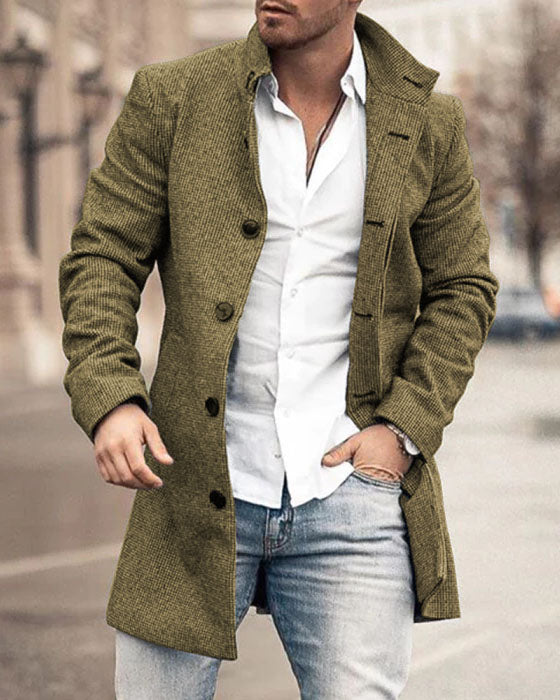 Autumn And Winter New Men's Woolen Stand Collar Medium Long Pocket Casual Coat