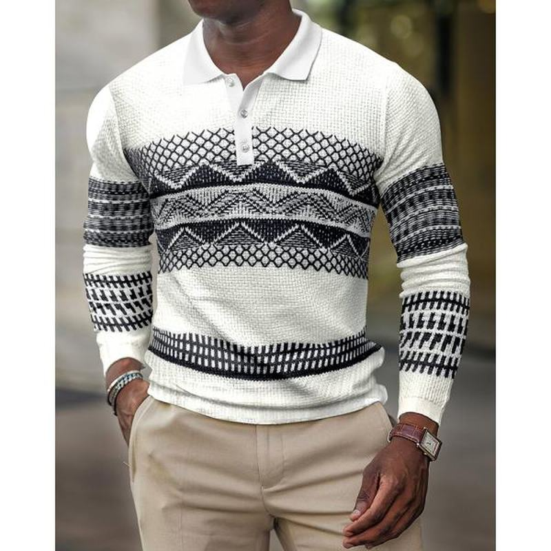 3D Digital Pattern Lapel POLO Long Sleeve Men's