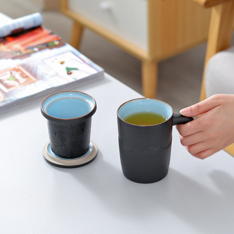 Ceramic Filter Mug With Lid For Office Household Tea Separation With Wooden Handle For Making