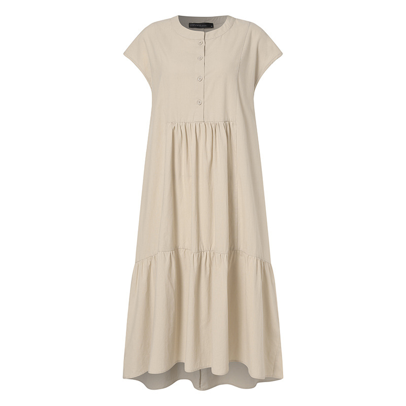 Temperament Short-sleeved Round-neck Button And Large Swing Dress For Women