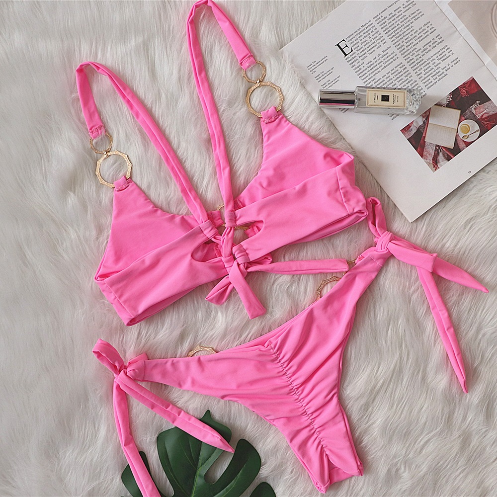 Solid Color Bandage Female Split Swimsuit Hollow Metal Accessories