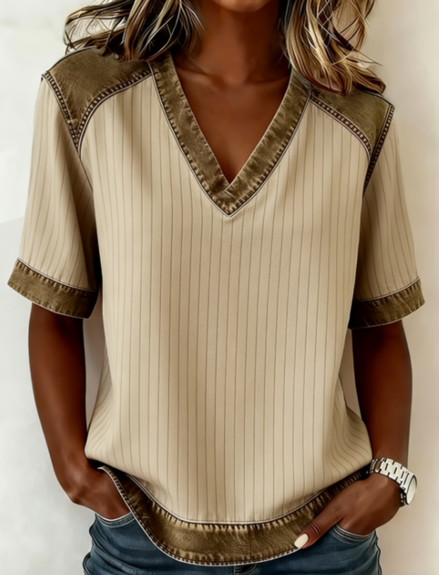 Color-blocked V-neck Raglan Sleeve T-shirt For Women, Loose Fit,…