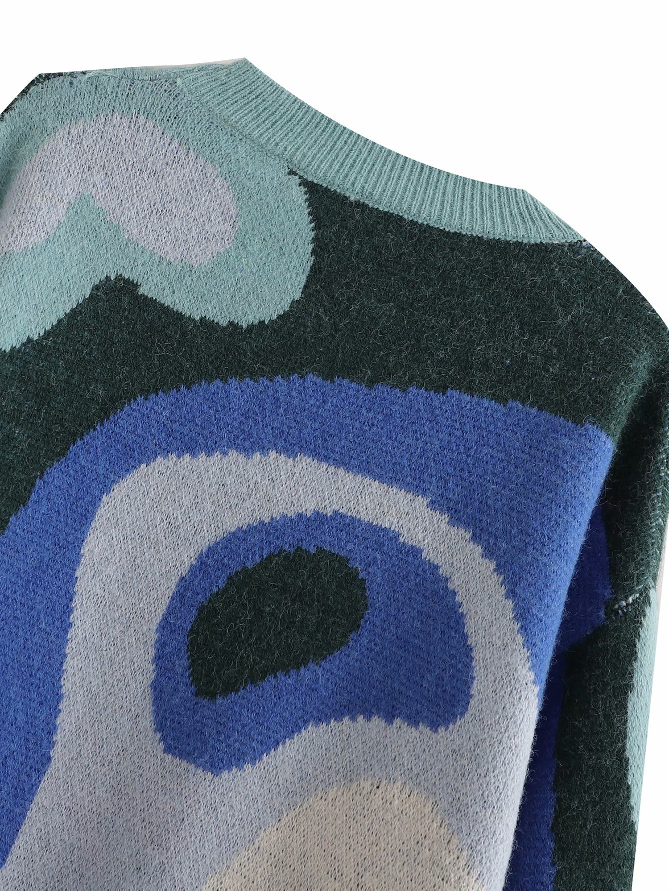 Women's Round Neck Blue And White Printed Jacquard Contrast Pullover College Style Sweater