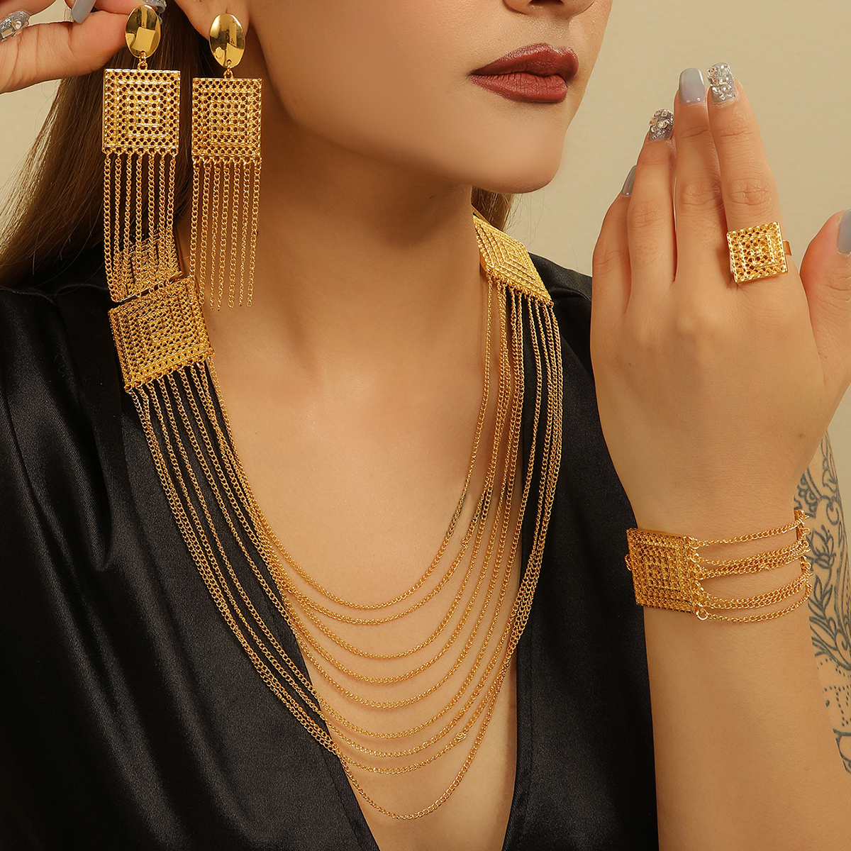5pcs Fashion Ladies 18k Gold Plated Jewelry Set Tassel For Holiday Wear, Wedding Scene Jewelry, Multi-layered Temperament Wedding Jewelry — foto 6